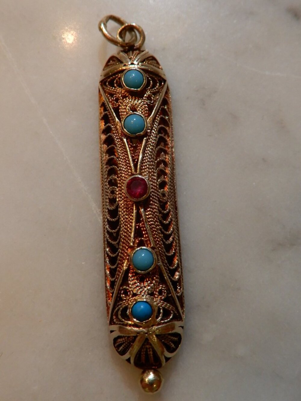 14 Karat Yellow Gold Turquoise and Ruby Mezuzah Scroll Pendant
